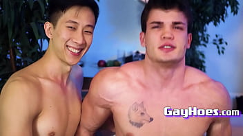 Chinese muscle studs engage in unprotected faggot bang-out