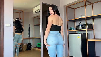 Point of view video of step-sister's demand for help in choosing denim leads to intense hook-up