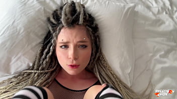 A spectacular gal with dreadlocks and piercings engages in deepthroating, harsh sex, and drinking jizz