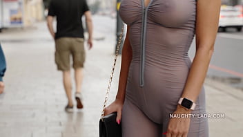 Wife's public showcase of nakedness in semi-transparent jumpsuit