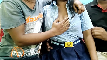 2 fellows have hook-up with a school girl in Hindi with clear voice and ass-fuck act