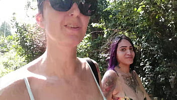 Dark-hued and milky first-timer at a nudist beach